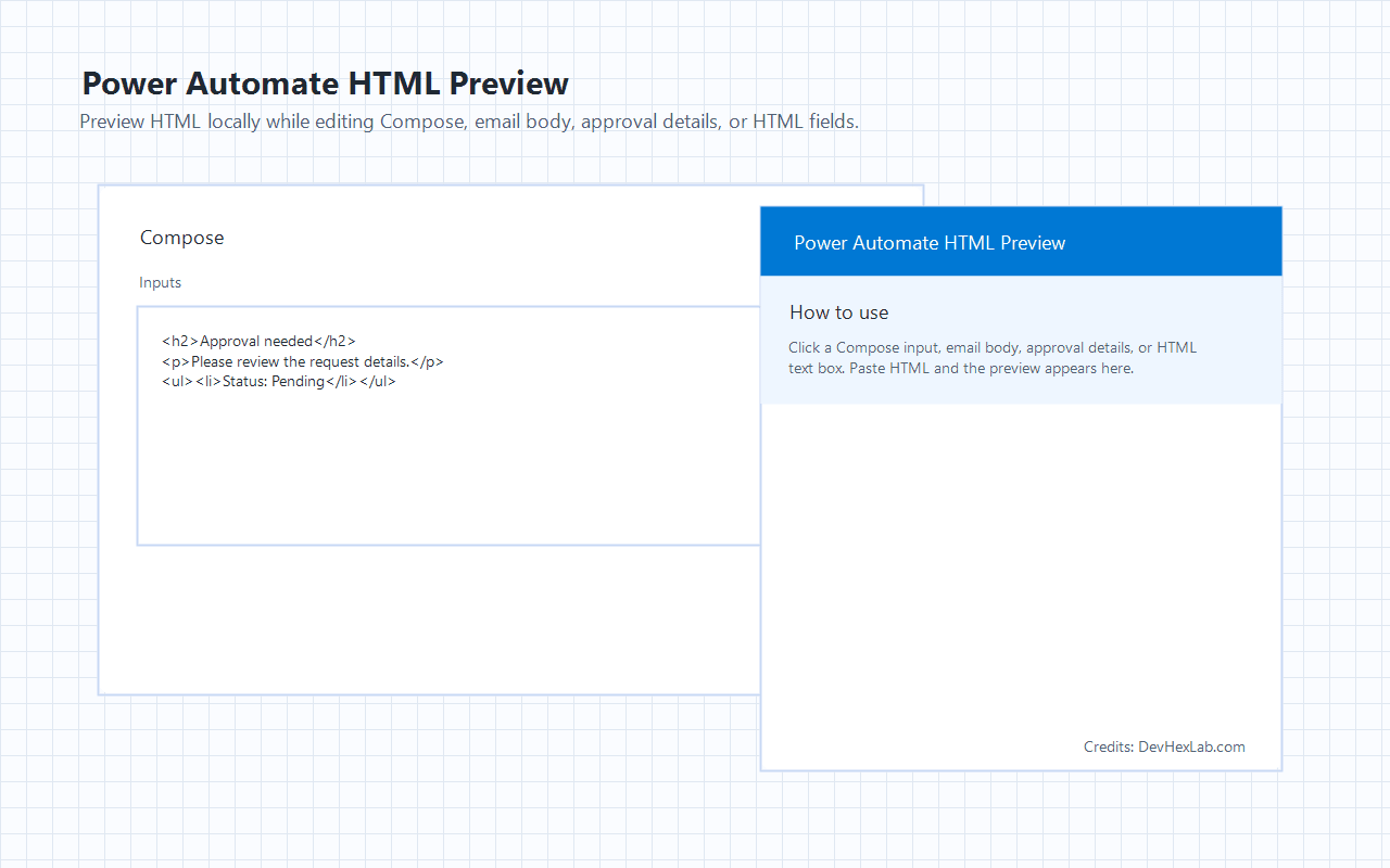 Help panel for Power Automate HTML Preview