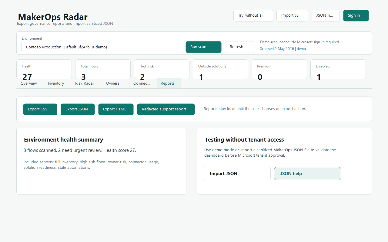 MakerOps Radar reports and export view showing CSV, JSON, HTML, and redacted report options