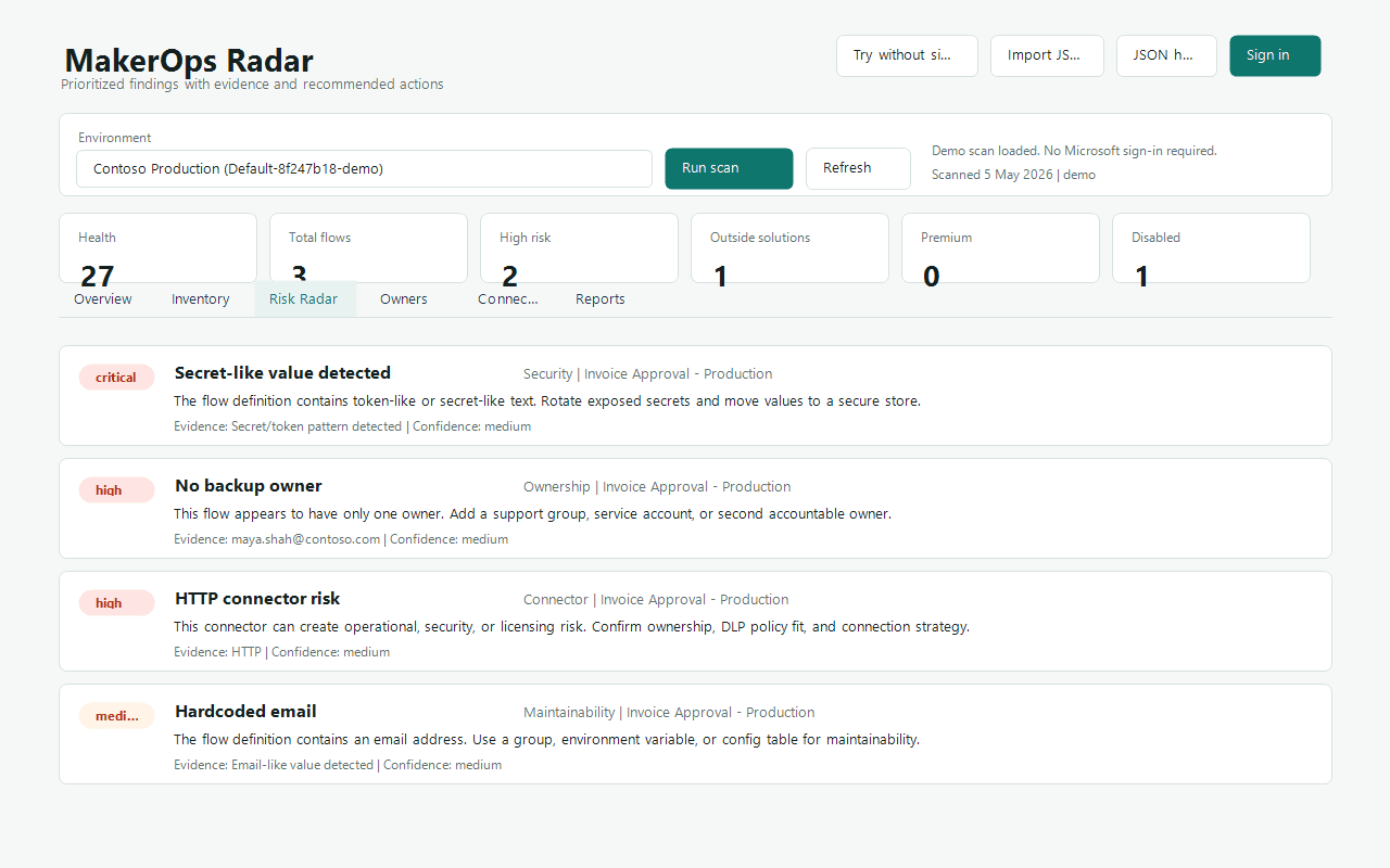MakerOps Radar Risk Radar view showing prioritized governance findings per flow